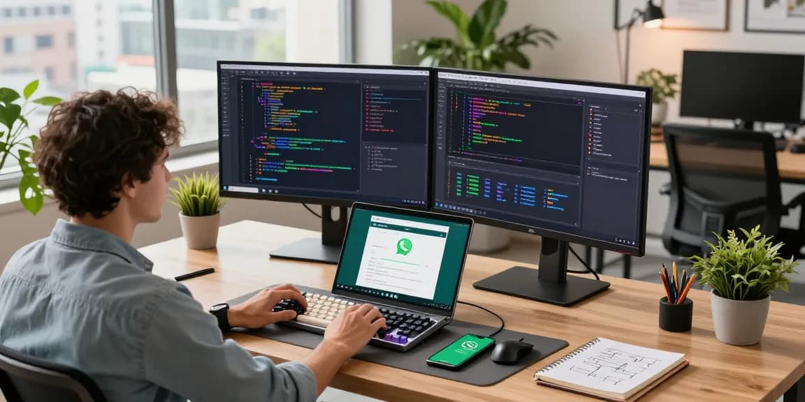 Developer's workspace showcasing WhatsApp下載 app on screens and coding tools in a bright modern office.