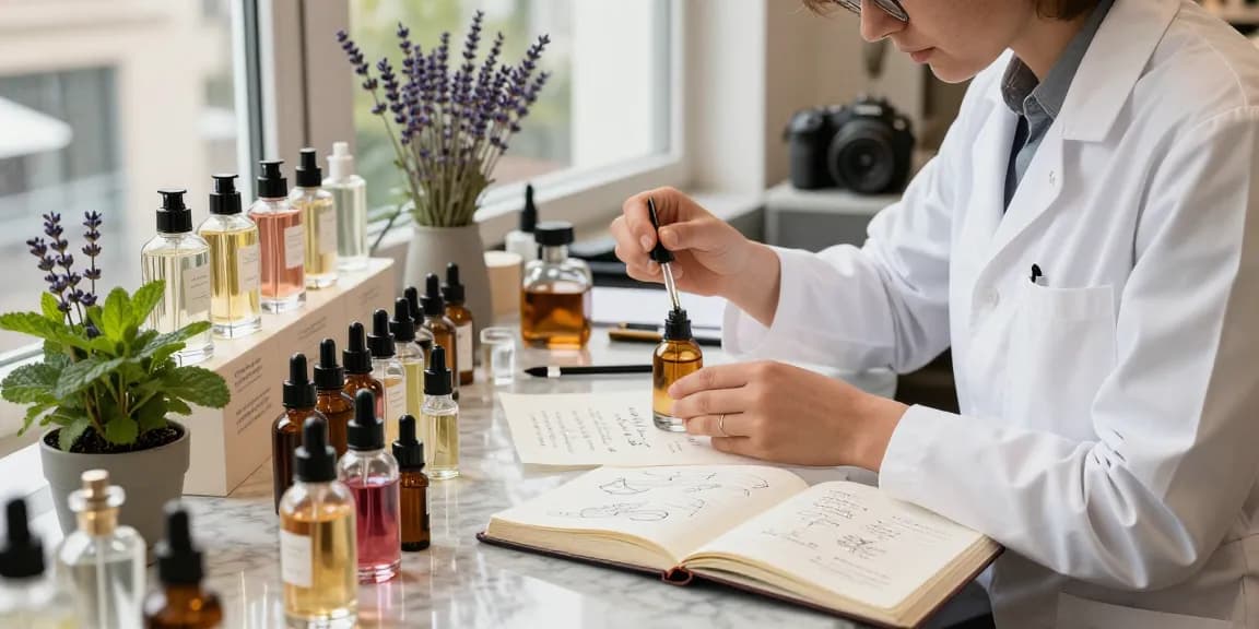 Perfume Notes Explained through an elegant fragrance studio scene featuring vials, herbs, and a perfumer creating unique scents.