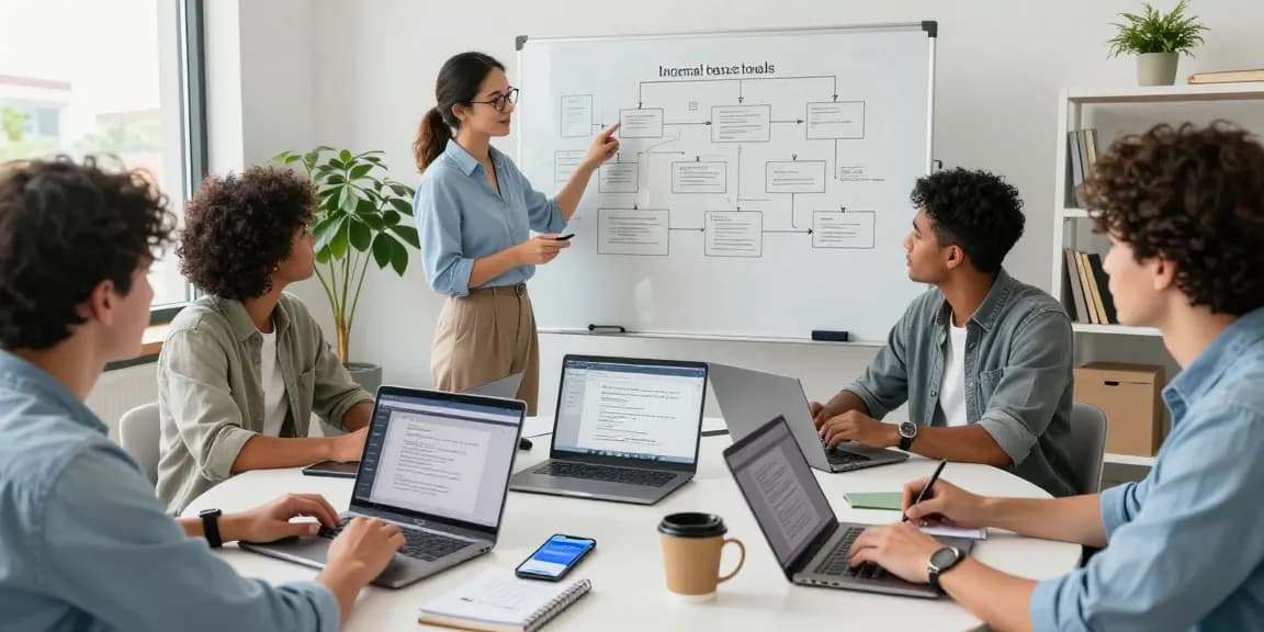 Build internal tools with AI in a collaborative workspace with a diverse team brainstorming and creating.