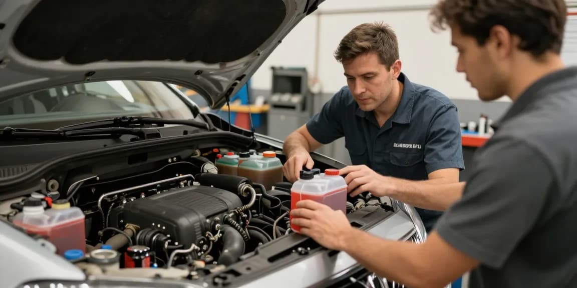 Local services professional discussing low coolant symptoms with car owner at trusted auto repair shop.