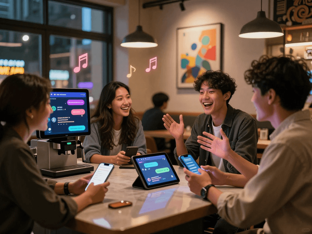 Group discussing nsfw ai chat in a modern café with digital screens.