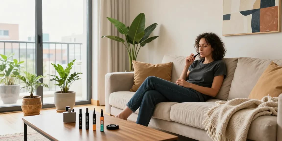 Individual enjoying thc pens in a stylish urban apartment.