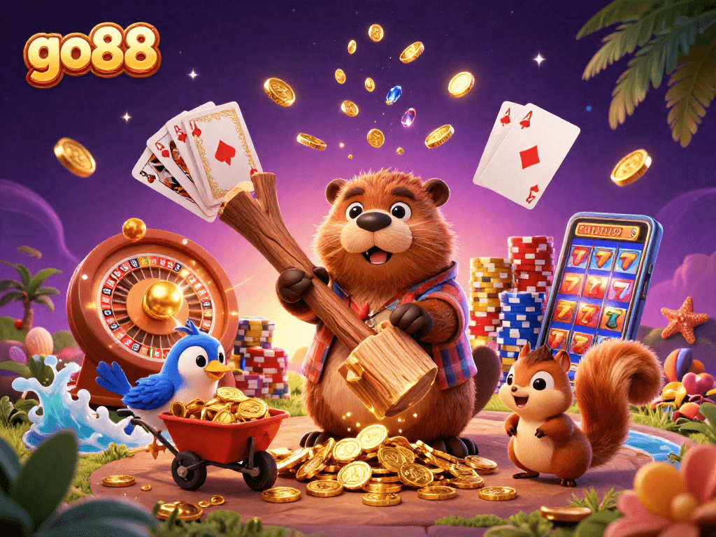 Engage with go88 slot fun as the cartoon beaver scores coins, complemented by vibrant casino elements.