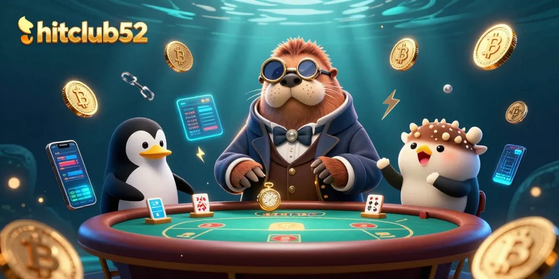 Experience hitclub52's exciting underwater poker game with cartoon characters and crypto elements.