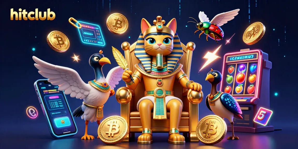 Engage with hitclub's electrifying gaming scene featuring a royal cat, gold elements, and crypto coins.
