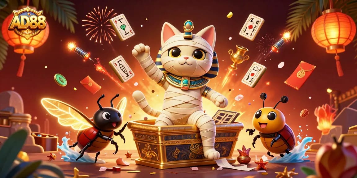 Experience the excitement of AD88 with a vibrant 3D casino scene featuring a mummy cat, scarab beetle, and floating game elements.