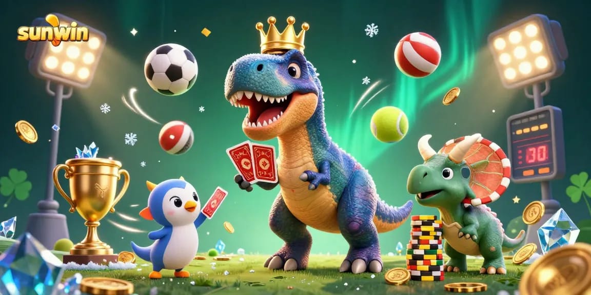 Experience the fun of sunwin with a T-Rex shuffling cards, capturing excitement in unique casino-themed art.
