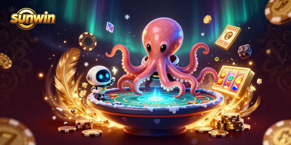 Engage with the sunwin holographic poker scene featuring a cartoon octopus and vibrant gambling elements.
