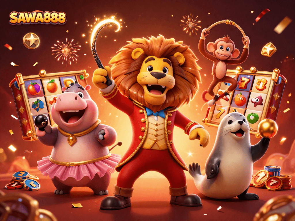 Experience thrilling gameplay with SAWA888's vibrant 3D casino characters amid slot reels and festive confetti.