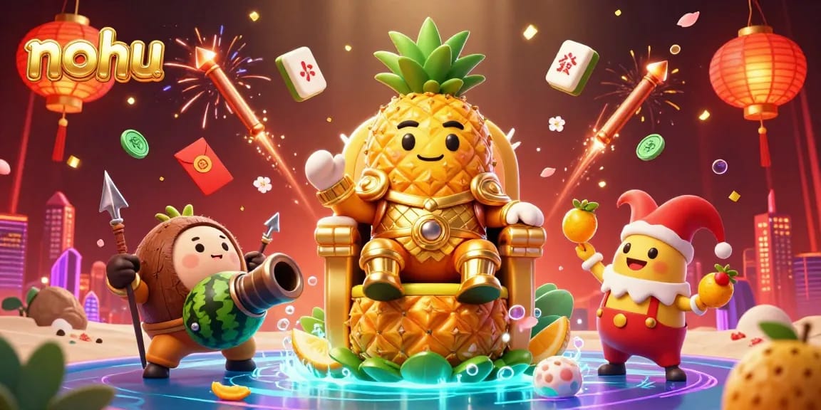 Engage with nohu's vibrant casino scene featuring a golden pineapple king, dynamic game elements, and festive atmosphere.