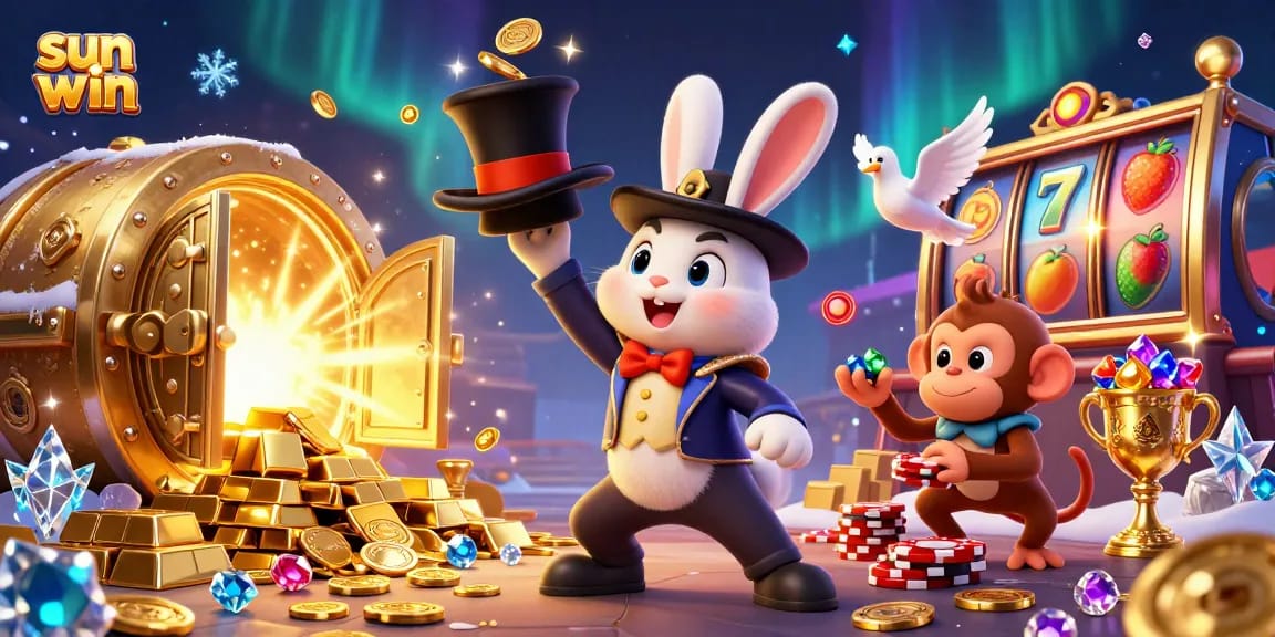 Experience the thrill of sun win with a lively scene featuring a magician rabbit, dove, and monkey amidst gaming treasures.