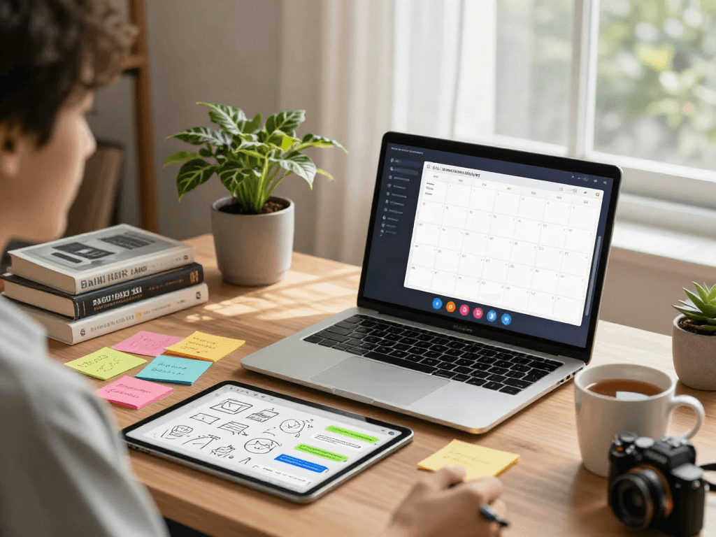 User interacting with an nsfw ai chat in a vibrant home office, featuring a laptop and creative workspace elements.