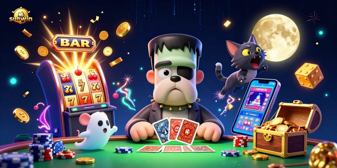 Experience the excitement of sunwin with a vibrant 3D casino scene featuring unique characters and games.