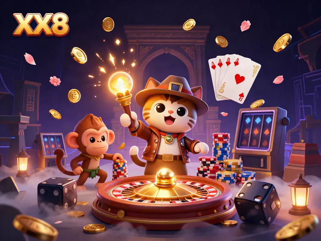Win big with XX8 in this vibrant casino adventure featuring a cat explorer and golden treasures.
