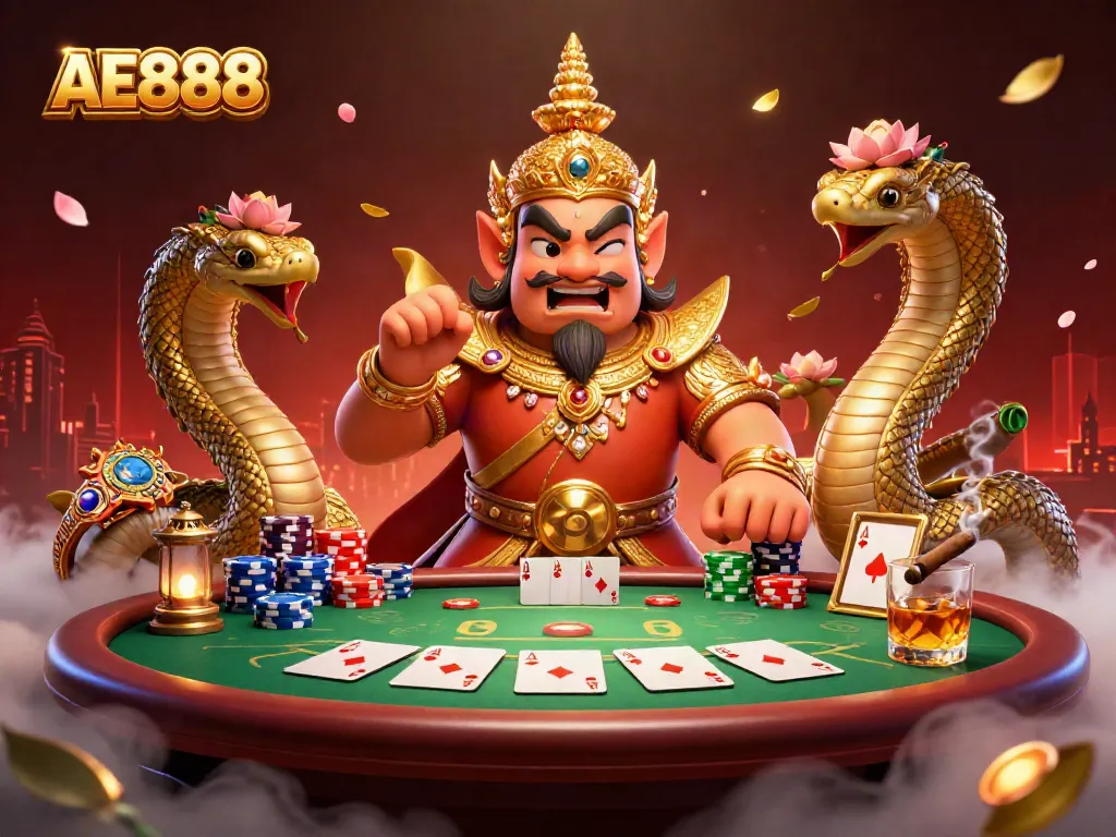 Experience the excitement of gambling at AE888 with a dynamic 3D scene featuring iconic casino symbols.