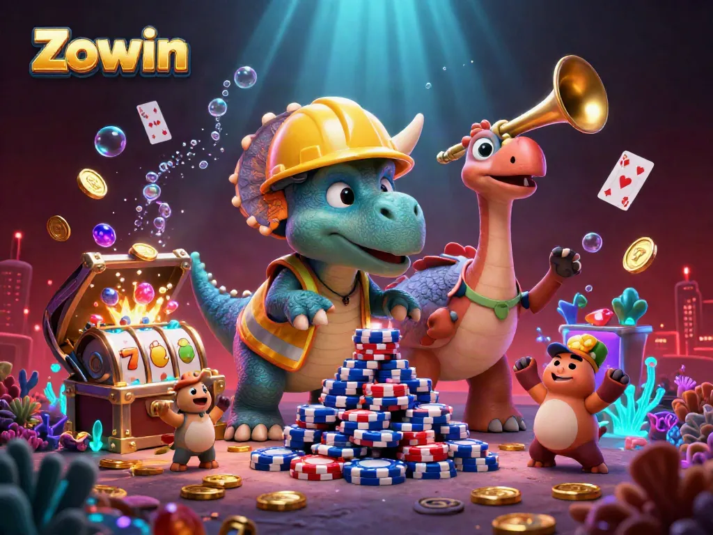 Zowin offers a thrilling gambling experience with a vibrant scene of cartoon characters creating a pyramid of poker chips.