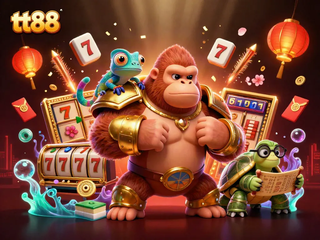 Engage with tt88 in a vibrant 3D casino scene featuring a gorilla king, chameleon, and tortoise.