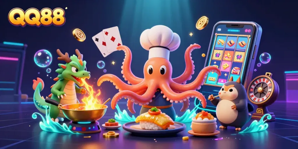 Join the fun at QQ88 with colorful slot games and golden coins in this vibrant 3D cartoon scene.