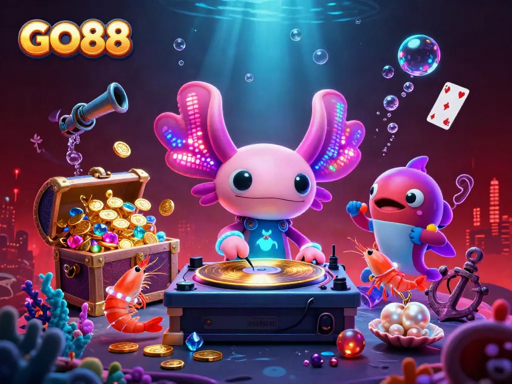Experience the vibrant GO88 underwater casino with a DJ axolotl and dancing shrimp in a dynamic scene