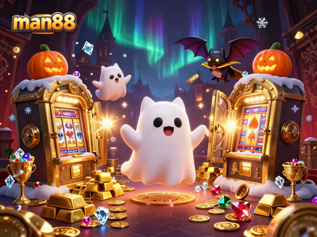 Experience thrilling games with man88 as a ghost cat and bat explore a haunted casino.