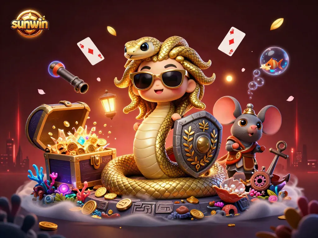 Win jackpots at sunwin while enjoying a vibrant 3D illustration filled with casino elements.