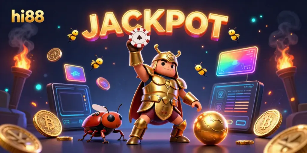 Win big with hi88 in this vibrant illustration featuring a victorious beetle and dynamic gaming elements.