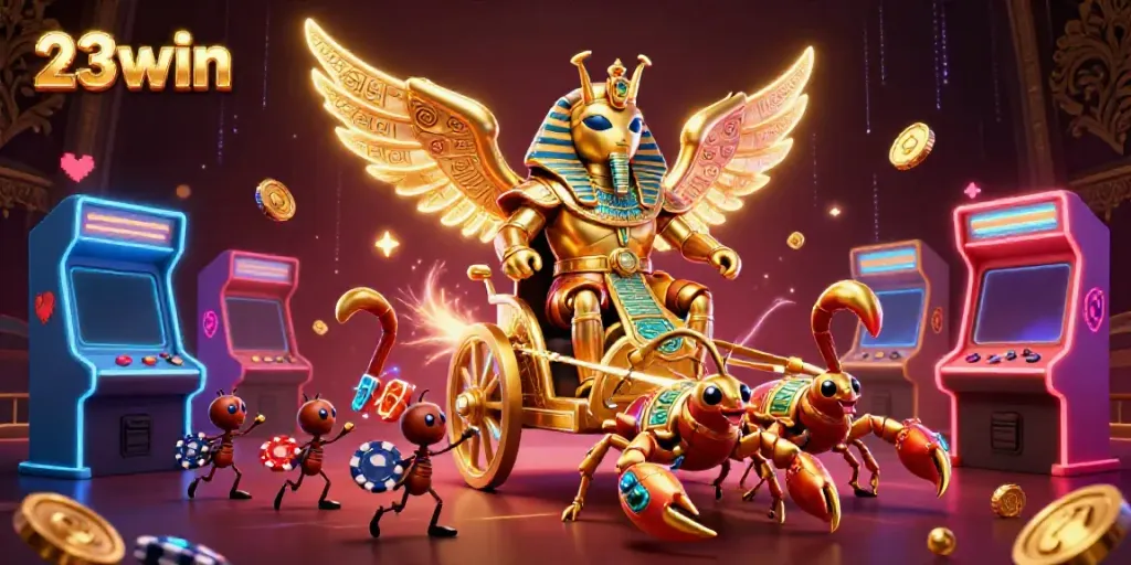 Engage with 23win in a vibrant casino-themed adventure featuring a golden scarab and animated elements.