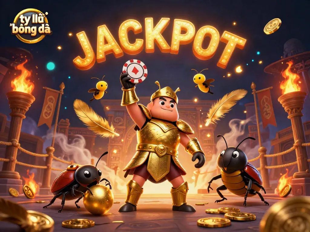 Experience the dynamic world of tỷ lệ bóng đá with a victorious gladiator beetle and golden gaming elements.