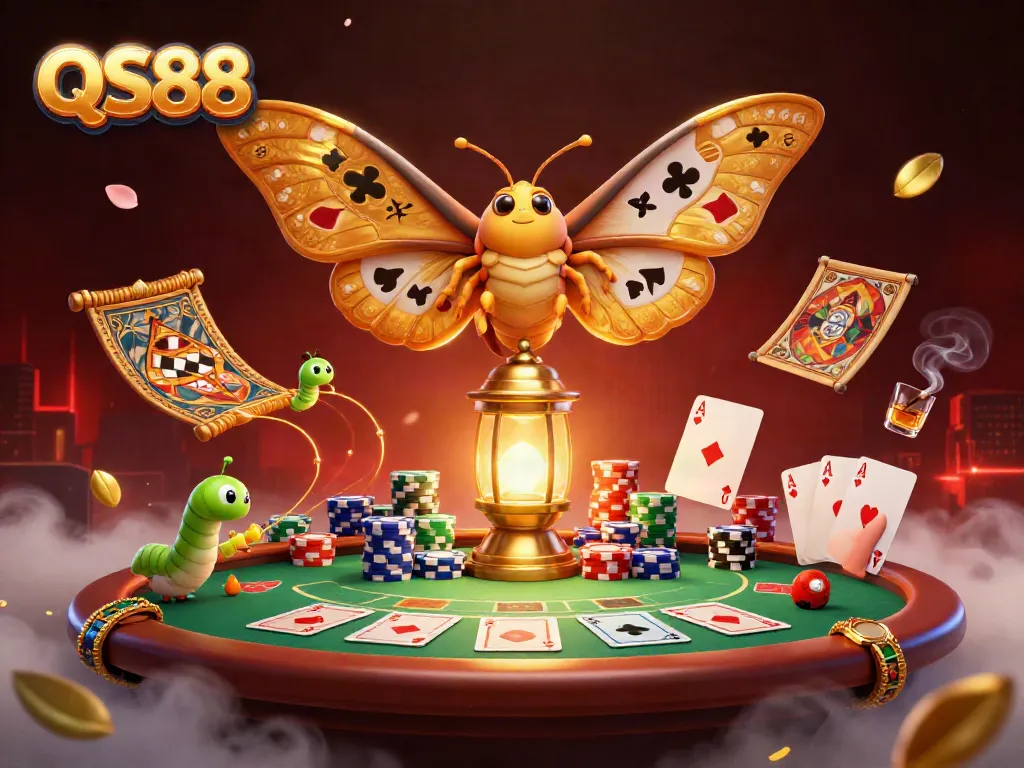 Experience casino excitement with QS88, illustrated by a vibrant 3D moth and dazzling poker elements.