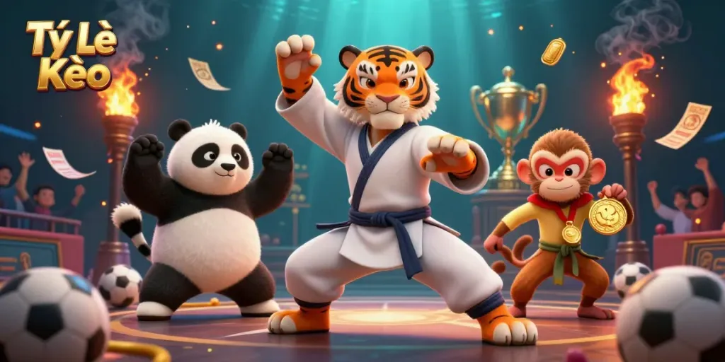 Tỷ Lệ Kèo - Explore thrilling sports betting strategies with vibrant gambling characters and arena elements.