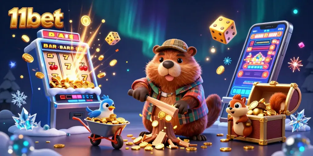 Experience thrilling gameplay with 11bet as the beaver collects gold coins under a vibrant casino scene.