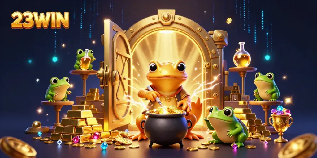 Experience winning magic with 23WIN featuring an alchemist and treasure in a dynamic casino-themed illustration.