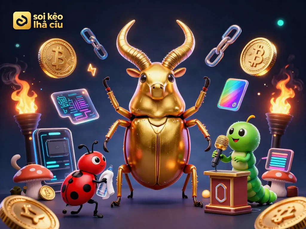 Soi kèo nhà cái illustrated with a giant stag beetle boxing surrounded by cryptocurrency elements