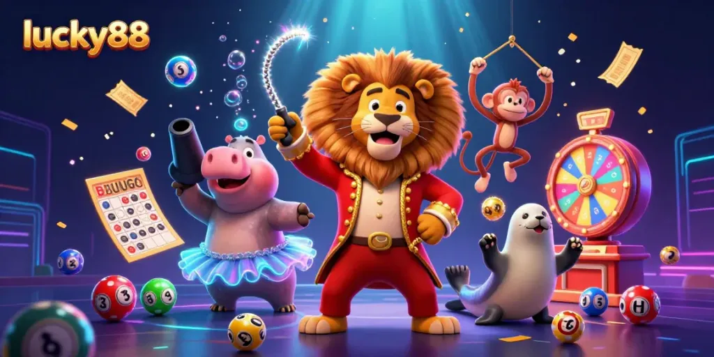 Experience thrilling gameplay with lucky88 as a circus lion and friends celebrate wins.