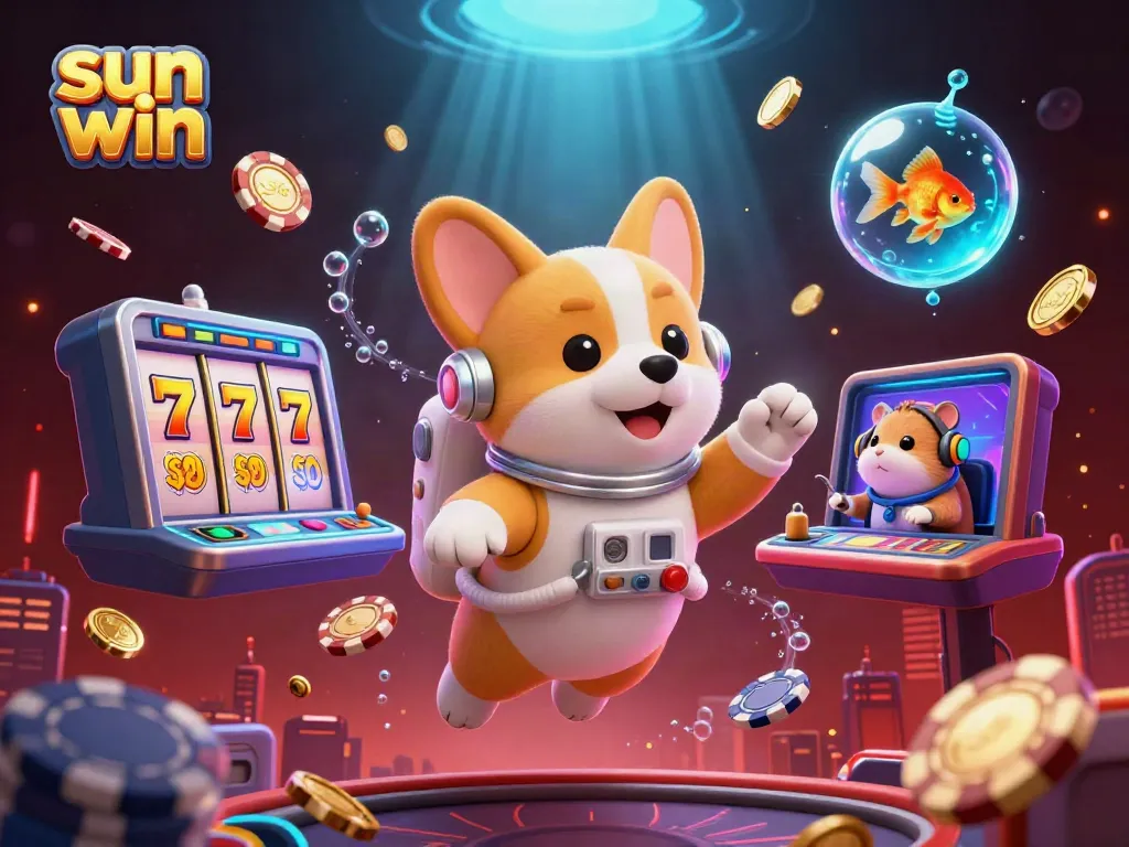 Experience thrilling moments at Sun Win with a cosmic scene of gaming excitement, floating jackpot elements, and vibrant characters.