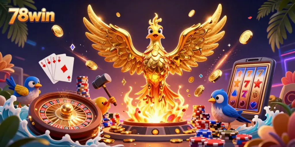 Experience the thrilling adventure of winning with 78win in this vibrant casino-themed illustration.