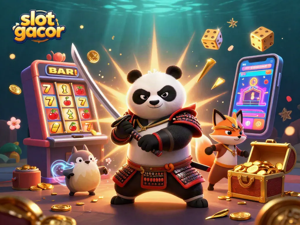 Play exciting slot gacor games as a fierce panda warrior and a ninja fox uncover jackpot treasures in a vibrant casino world.