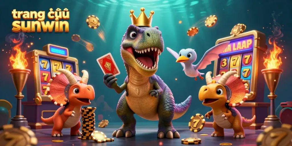 Experience thrilling play at trang chủ sunwin with a cartoon T-Rex shuffling cards, set against a dynamic casino backdrop.