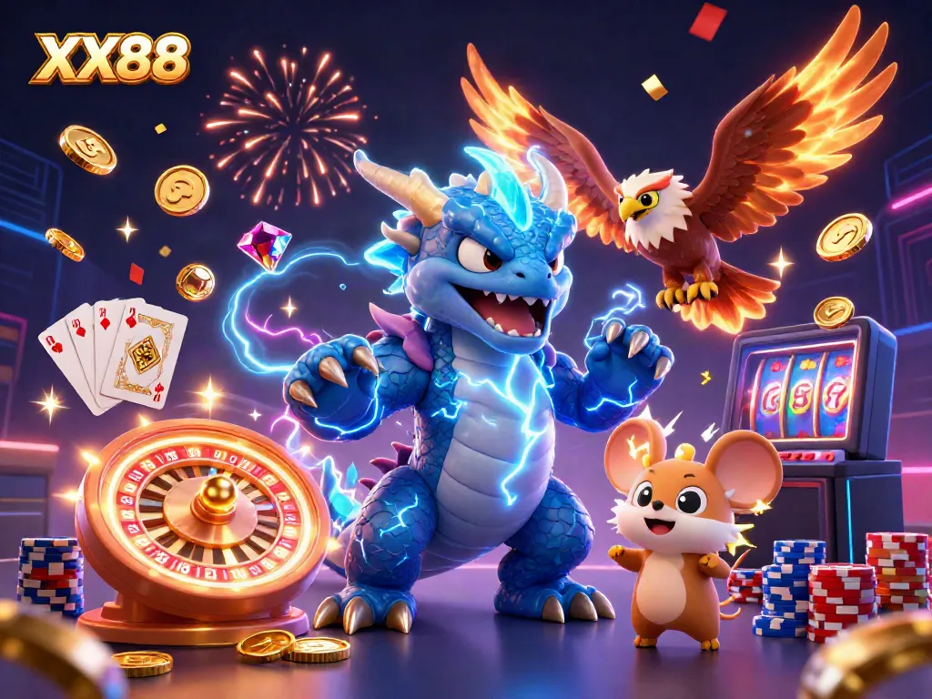 Experience thrilling gaming action with the dazzling XX88 casino scene featuring dynamic characters and vibrant elements.