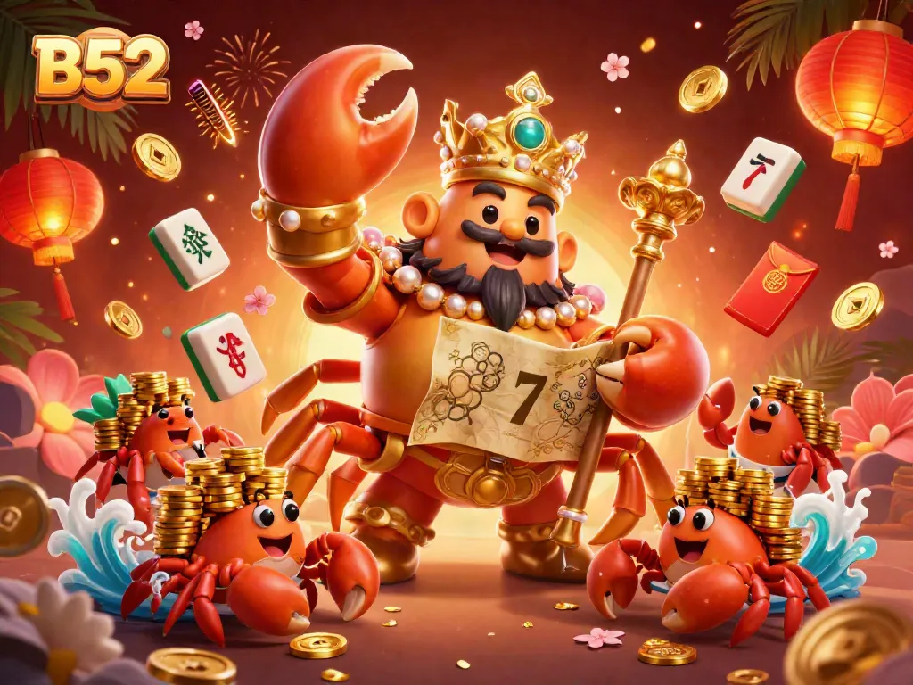 This vibrant B52 casino scene showcases a cartoon crab emperor and his servants amid treasure and gaming elements, perfect for online casino promotion.