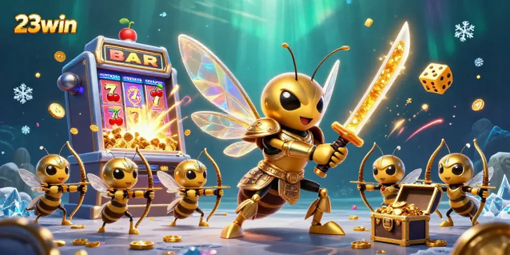 Experience the excitement of 23win with a dynamic 3D casino scene featuring a golden hornet and jackpot elements.