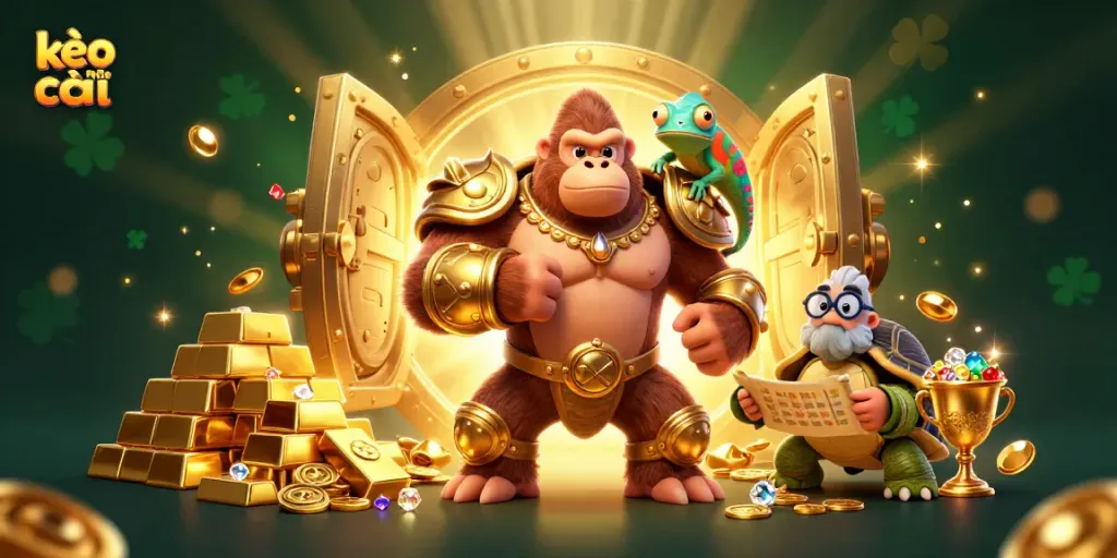 Engage with kèo nhà cái as the mighty gorilla king and wise tortoise reveal treasure-filled fortunes.