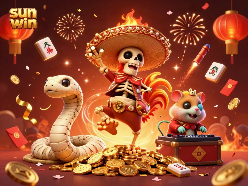 Win big at sun win with golden rooster and lively gaming elements celebrating success.