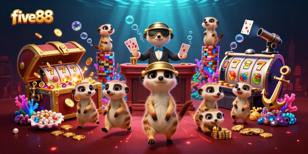 Experience the exciting games at five88 casino with vibrant meerkat characters and treasure-filled action.