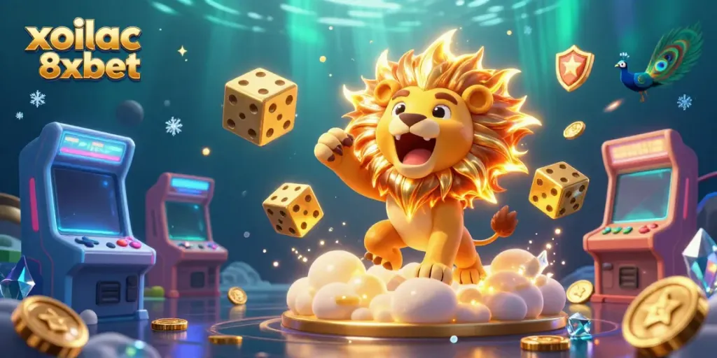 Engage in the thrill of xoilac 8xbet with a vibrant 3D casino scene showcasing a roaring sun lion amidst dynamic game elements.