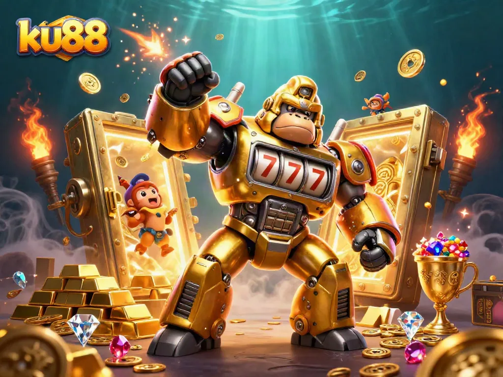 Experience thrilling rewards with ku88's dynamic 3D gambling illustration showcasing exciting casino elements.