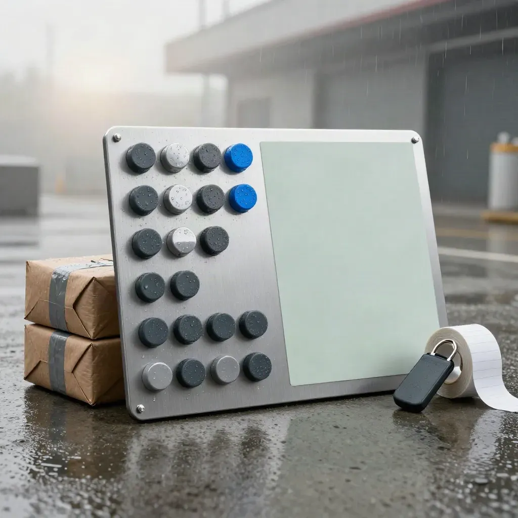 Brushed dispatch board, parcel stack, route chips and label roll on rain-slick concrete at dawn.