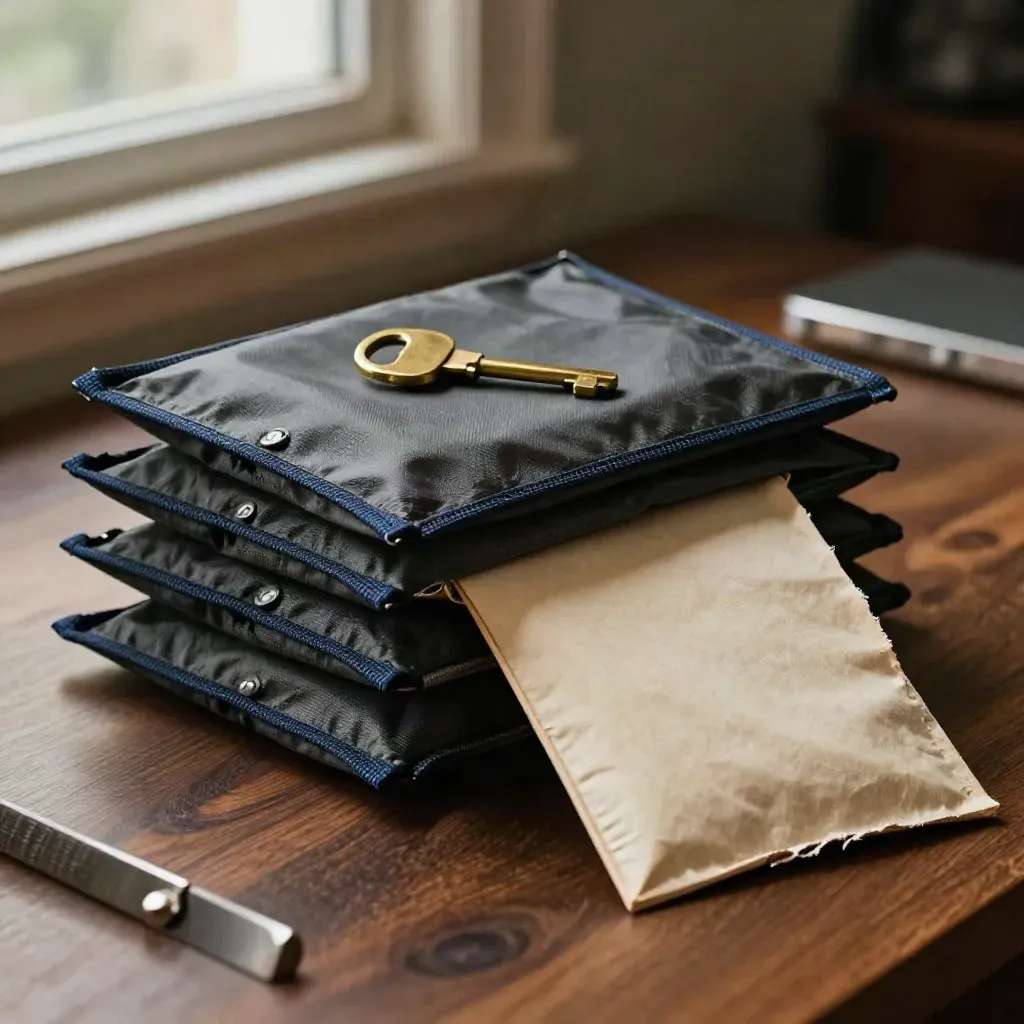 Parcel satchels, brass van key and torn proof pouch on dark walnut with dramatic bokeh.
