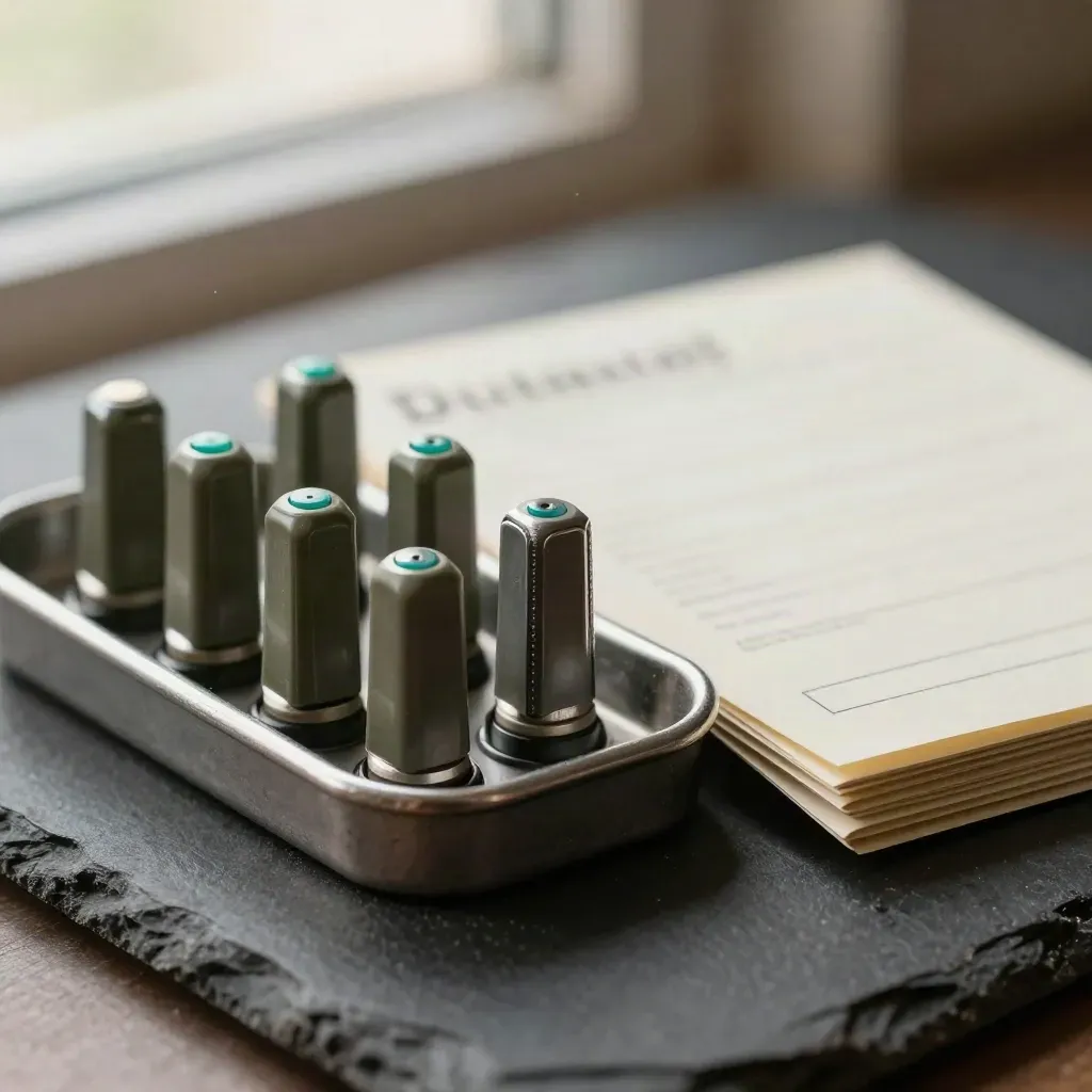 Macro of route markers, steel clip tray and folded dispatch card on black slate.