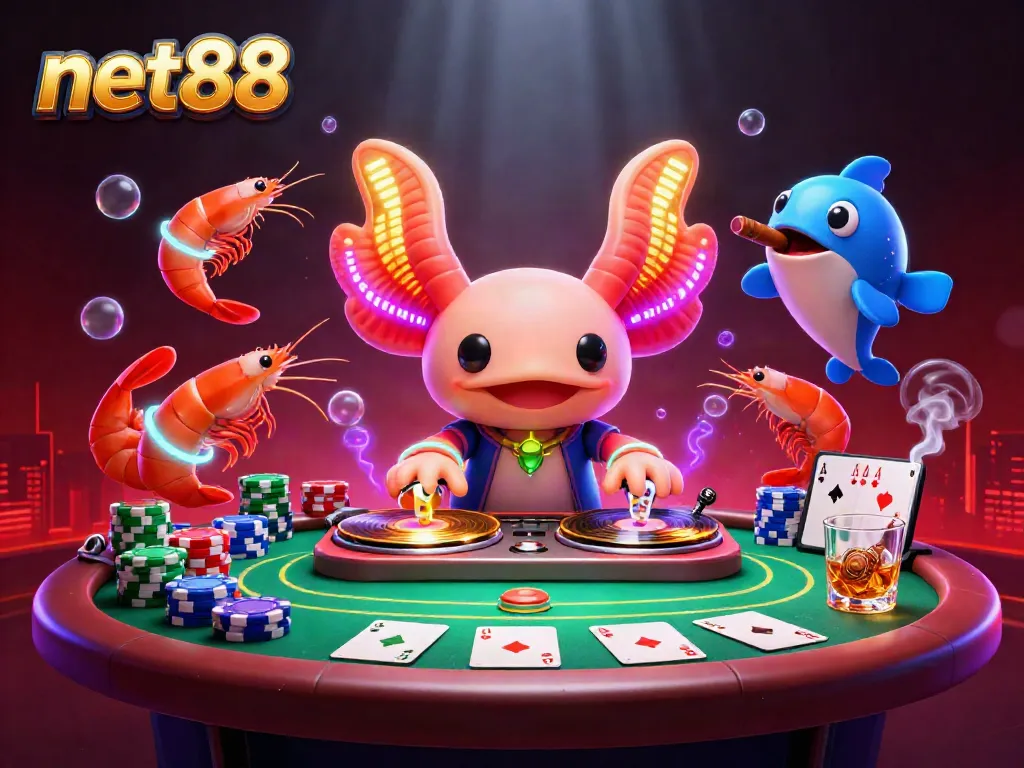Experience the vibrant energy of net88 with a neon axolotl DJ and poker excitement.